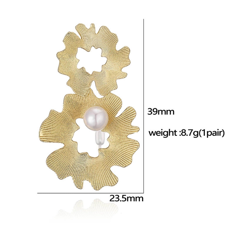 French Retro Copper Plating 18K Gold Inlaid Pearl Jasmine Flower Rings Ear Studs Special-Interest Design Striped Wing-Shaped Earrings