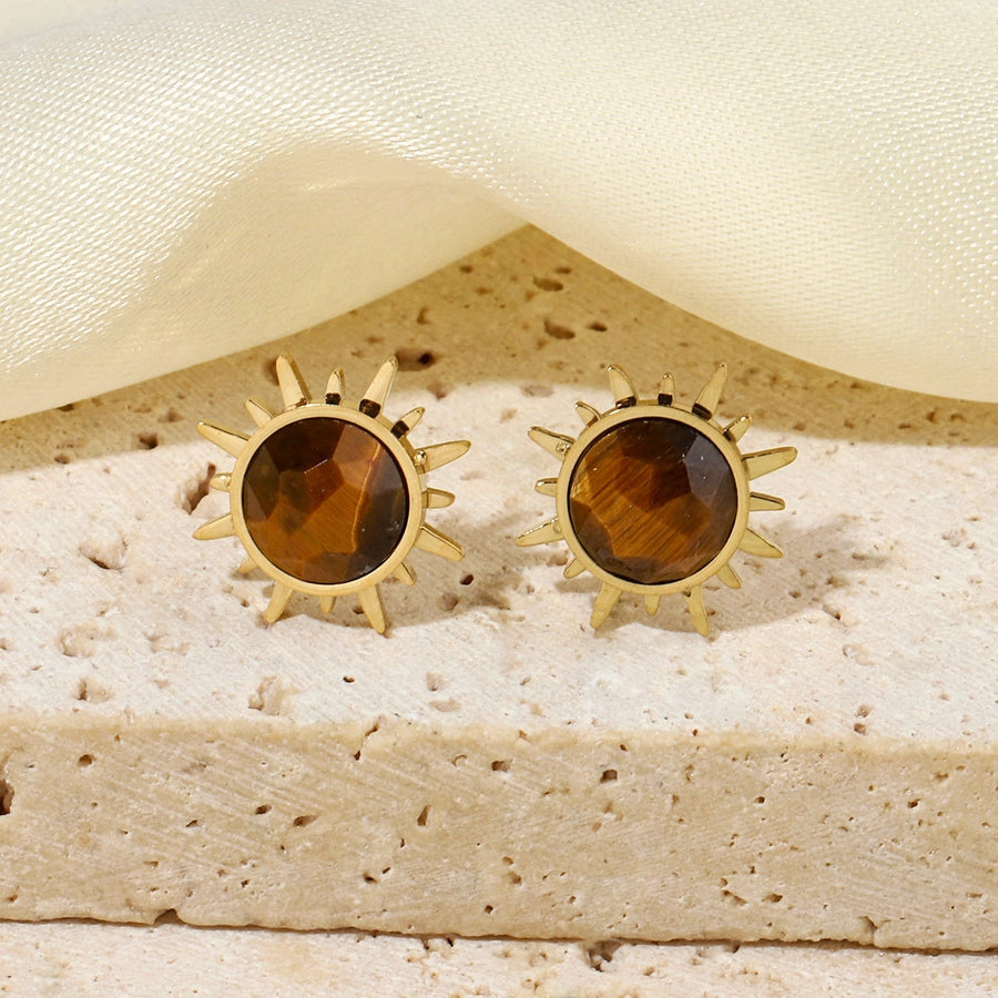 One Pack and Two Pairs Retro French Style Sun Plating Titanium Steel Natural Stone 14K Gold Plated Ear Studs