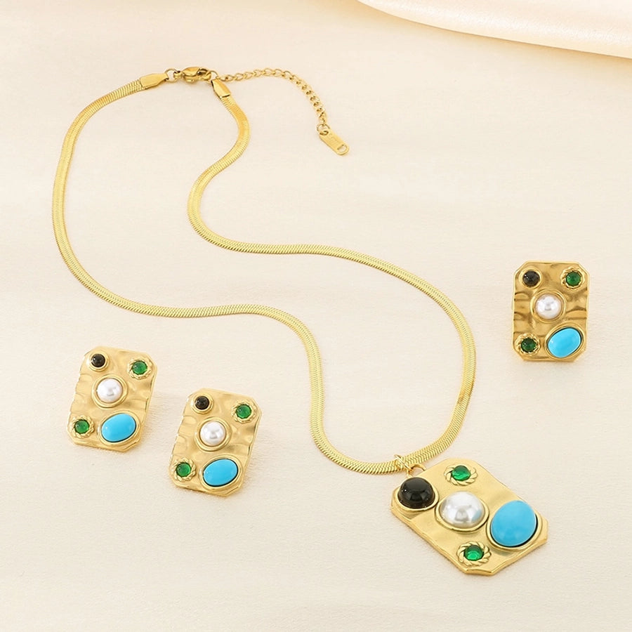 Jewelry Elegant Vintage Style Streetwear Square 304 Stainless Steel Artificial Gemstones Turquoise Pearl 18K Gold Plated Inlay Jewelry Set