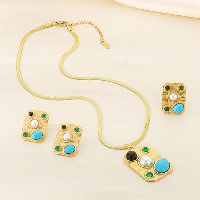 Jewelry Elegant Vintage Style Streetwear Square 304 Stainless Steel Artificial Gemstones Turquoise Pearl 18K Gold Plated Inlay Jewelry Set