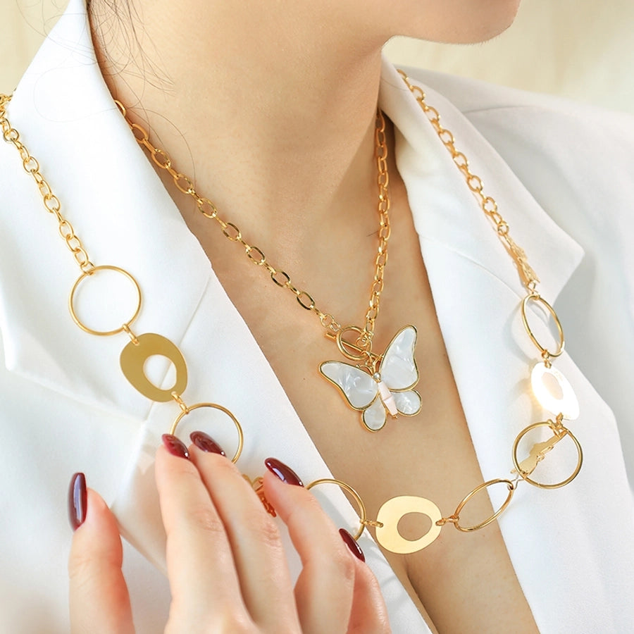 Jewelry Elegant Sweet Round Butterfly 304 Stainless Steel Fritillary 14K Gold Plated Plating Hollow Out Inlay Pendant Necklace