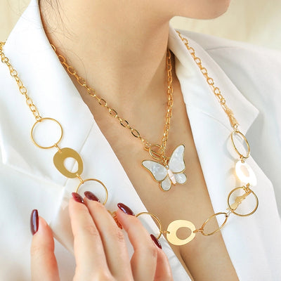 Jewelry Elegant Sweet Round Butterfly 304 Stainless Steel Fritillary 14K Gold Plated Plating Hollow Out Inlay Pendant Necklace