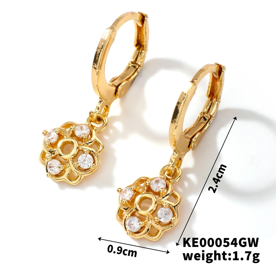 1 Pair Casual Elegant Heart Shape Flower Inlay Copper Zircon K Gold Plated Drop Earrings