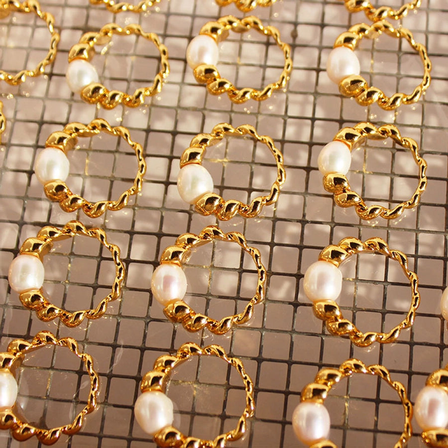 Freshwater Pearl Brass 24K Gold Plated Irregular Spiral Stripe Freshwater Pearl Brass Rings