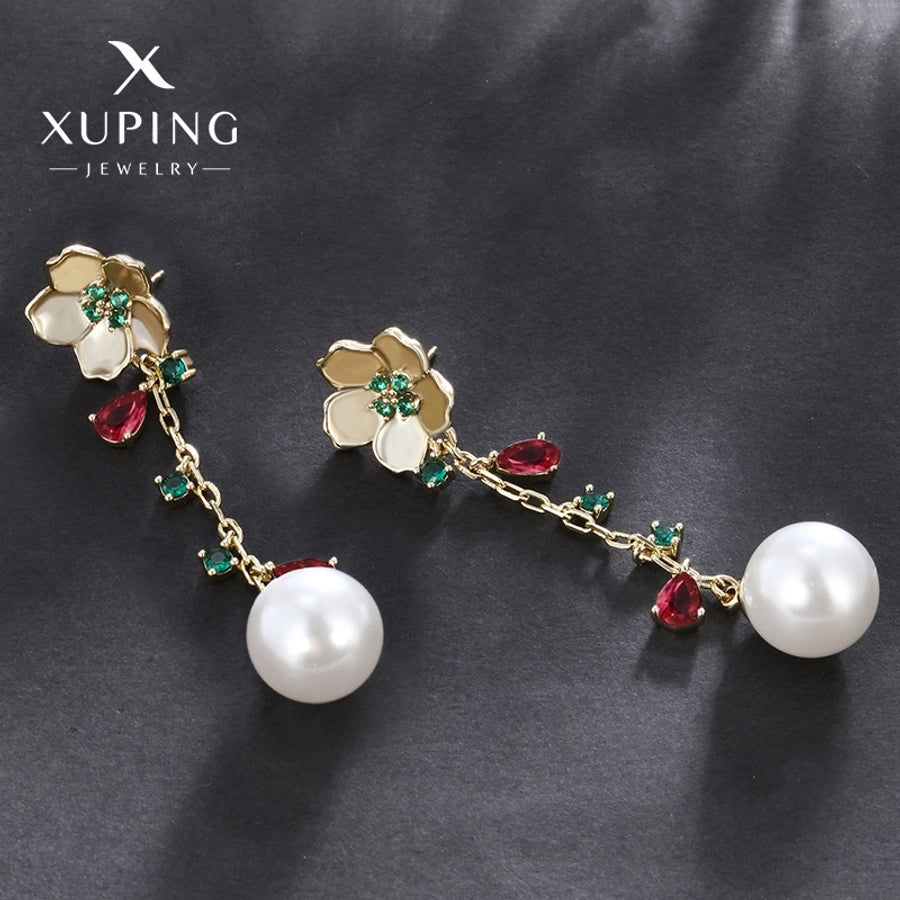 1 Pair Elegant Sweet Flower Plating Copper Artificial Gemstones Beads 18K Gold Plated Drop Earrings