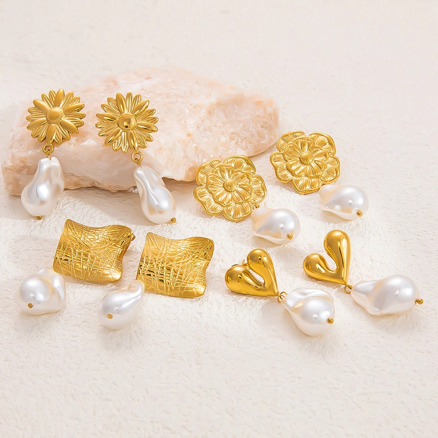 1 Pair Simple Style Commute Heart Shape Flower Bow Knot Plating 304 Stainless Steel Drop Earrings