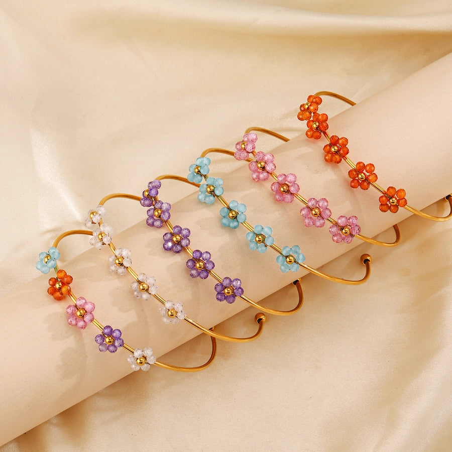 IG Style Flower 304 Stainless Steel 18K Gold Plated Zircon Bangle In Bulk