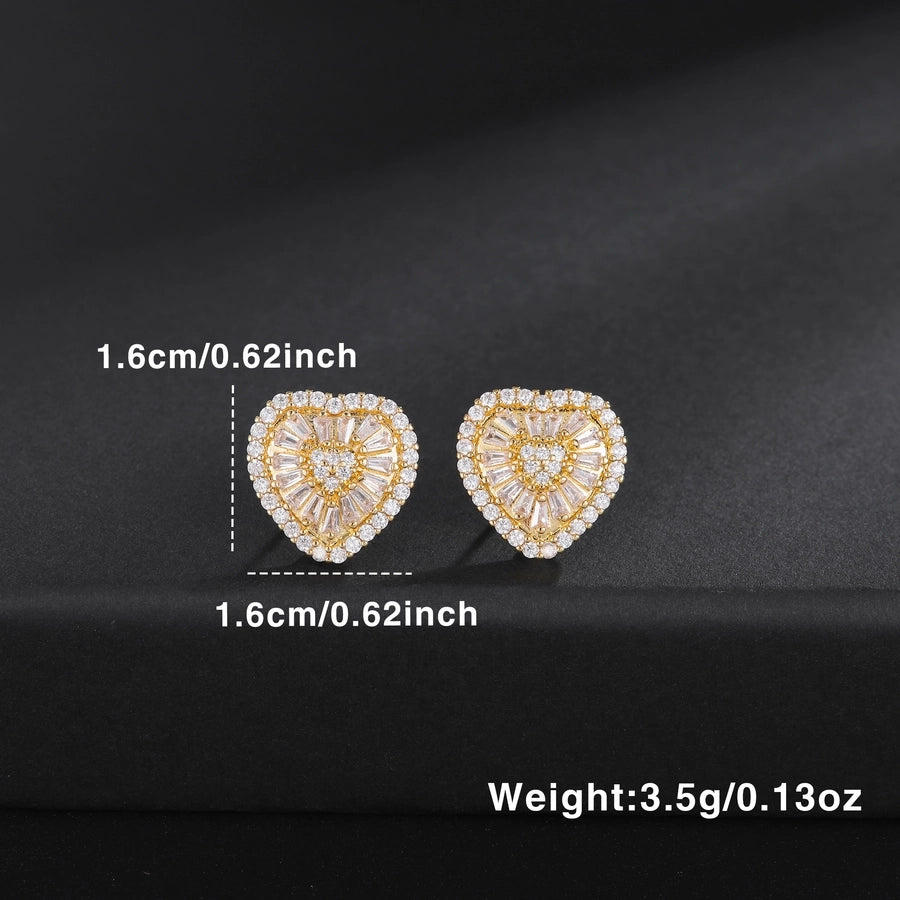 1 Pair Simple Style Shiny Heart Shape Inlay Copper Zircon 18K Gold Plated Ear Studs