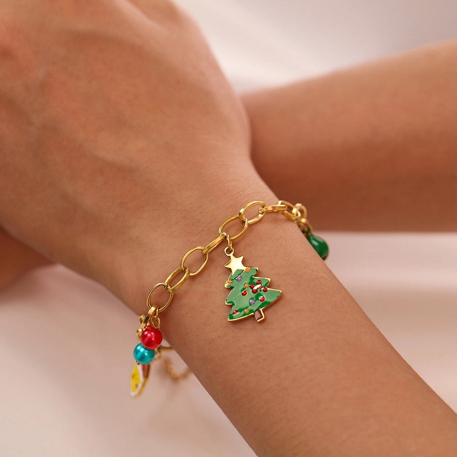 Simple Style Christmas Tree Santa Claus Christmas Socks 304 Stainless Steel cable chain Bracelets In Bulk