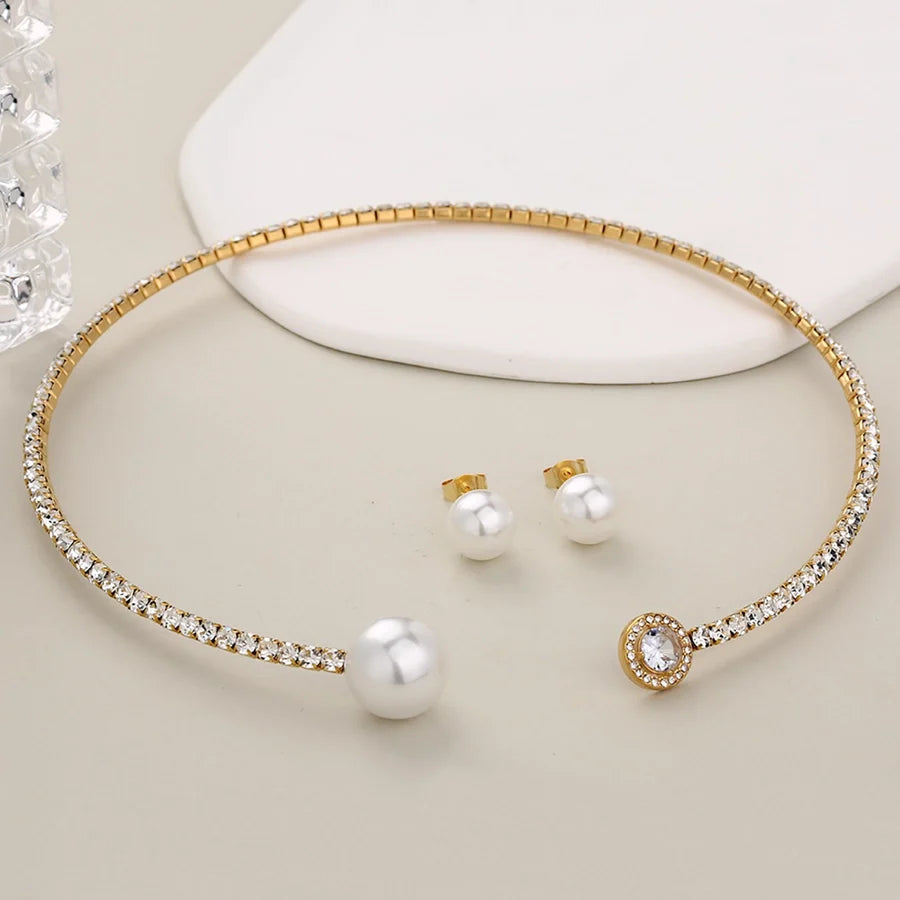 Jewelry Glam Luxurious Shiny Circle Square Heart Shape 304 Stainless Steel Imitation Pearl Rhinestone Jewelry Set