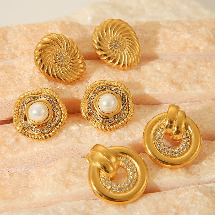 1 Pair IG Style Classic Style Round Flower Thread 304 Stainless Steel Titanium Steel 18K Gold Plated Ear Studs