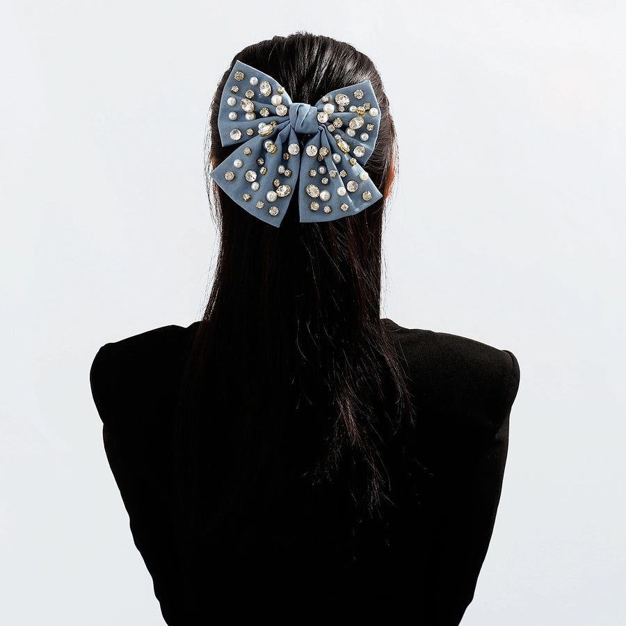 fashion bow knot alloy corduroy inlay artificial pearls rhinestones hair clip 1 piece