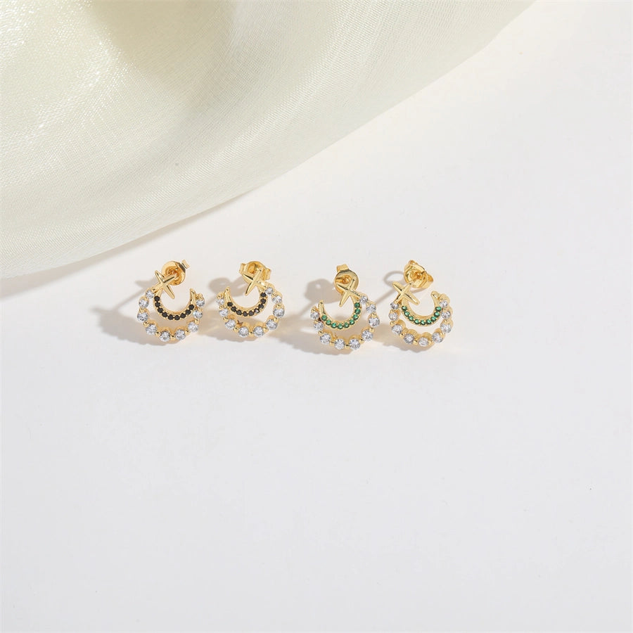 1 Pair Elegant Simple Style Commute Moon Copper Zircon 14K Gold Plated Ear Studs