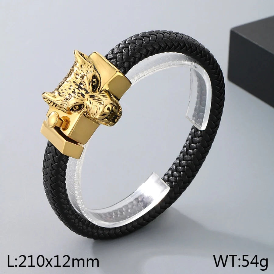 Business Lion's head Wolf Head Skull 304 Stainless Steel Leather 18K Gold Plated Men's Bracelets