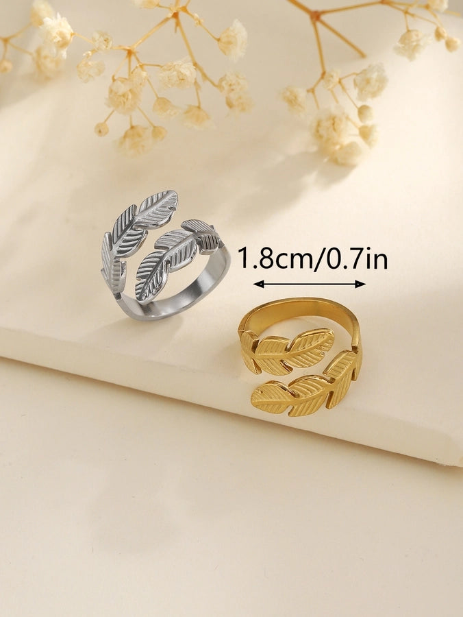 Jewelry Elegant Leaves Feather 304 Stainless Steel Open Rings