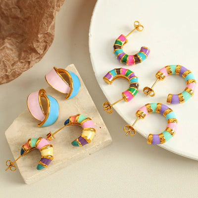 1 Pair IG Style Elegant Vintage Style C Shape Polishing Enamel Plating 304 Stainless Steel 18K Gold Plated Ear Studs