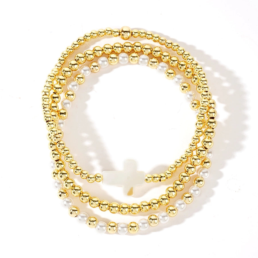 Hot Selling New Shell Cross Copper Bead Imitation Pearl Golden Balls Beads Bracelet Bracelet Three-Piece Set  Foshan