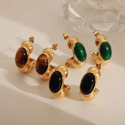 1 Pair Vintage Style Classic Style C Shape Plating Inlay 304 Stainless Steel Acrylic Natural Stone Tiger Eye 18K Gold Plated Ear Studs