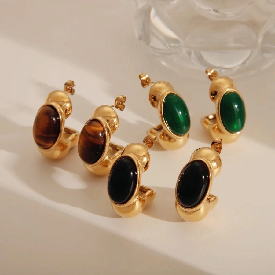 1 Pair Vintage Style Classic Style C Shape Plating Inlay 304 Stainless Steel Acrylic Natural Stone Tiger Eye 18K Gold Plated Ear Studs