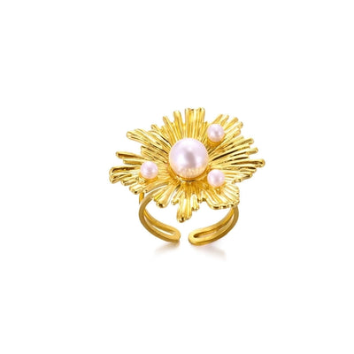 French Style Retro Minority Pearl Ear Stud and Ring Suit Light Luxury High-Grade Autumn Design Flower Rings Ear Studs