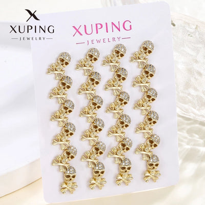 12 pairs XUPING Cool Style Skull Plating Inlay Copper Zirconia 14K Gold Plated Ear Studs