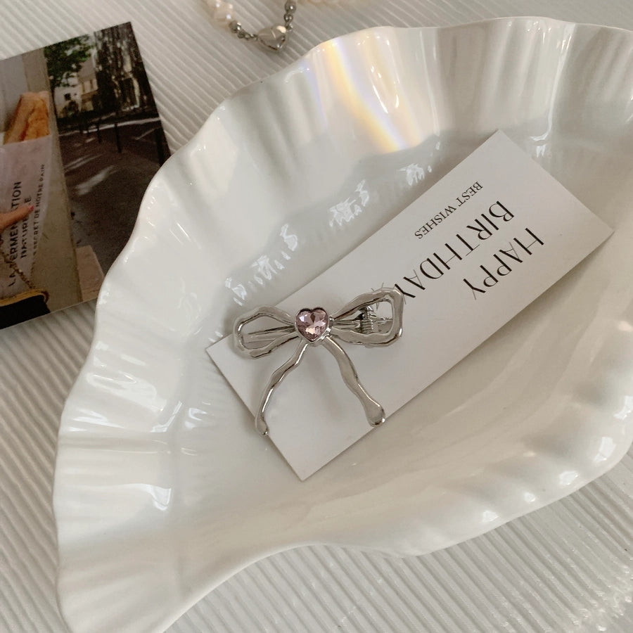 Women's IG Style Sweet Heart Shape Bow Knot Metal Hollow Out Inlay Rhinestones Hair Clip