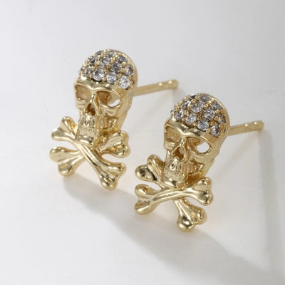 12 pairs XUPING Cool Style Skull Plating Inlay Copper Zirconia 14K Gold Plated Ear Studs