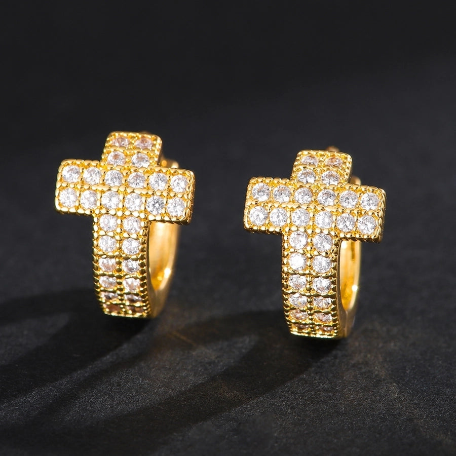 1 Pair Hip Hop Punk Copper Plating 18K Gold Inlaid Square Crystal Zircon Cross Ear Clip