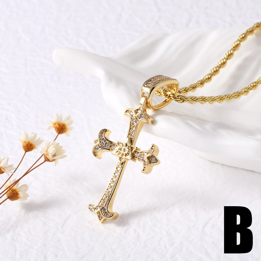 Jewelry Modern Style Simple Style Cross Eye Snake 201 Stainless Steel Copper Agate Zircon 18K Gold Plated Hollow Out Inlay Pendant Necklace