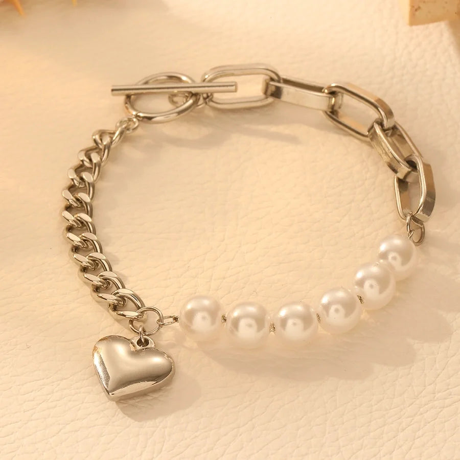 Elegant Heart Shape Titanium Steel 18K Gold Plated Beaded Chain Cuban Link Chain Curb Chain Paperclip Chain Bracelets In Bulk