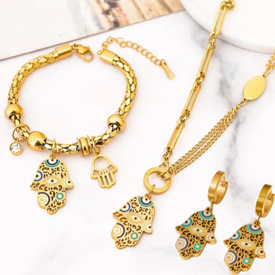 Titanium Steel Palm Eye Drop Oil 18K Gold Plated Bohemian Style Personality Fashion Vintage Necklace Bracelet Earring Set