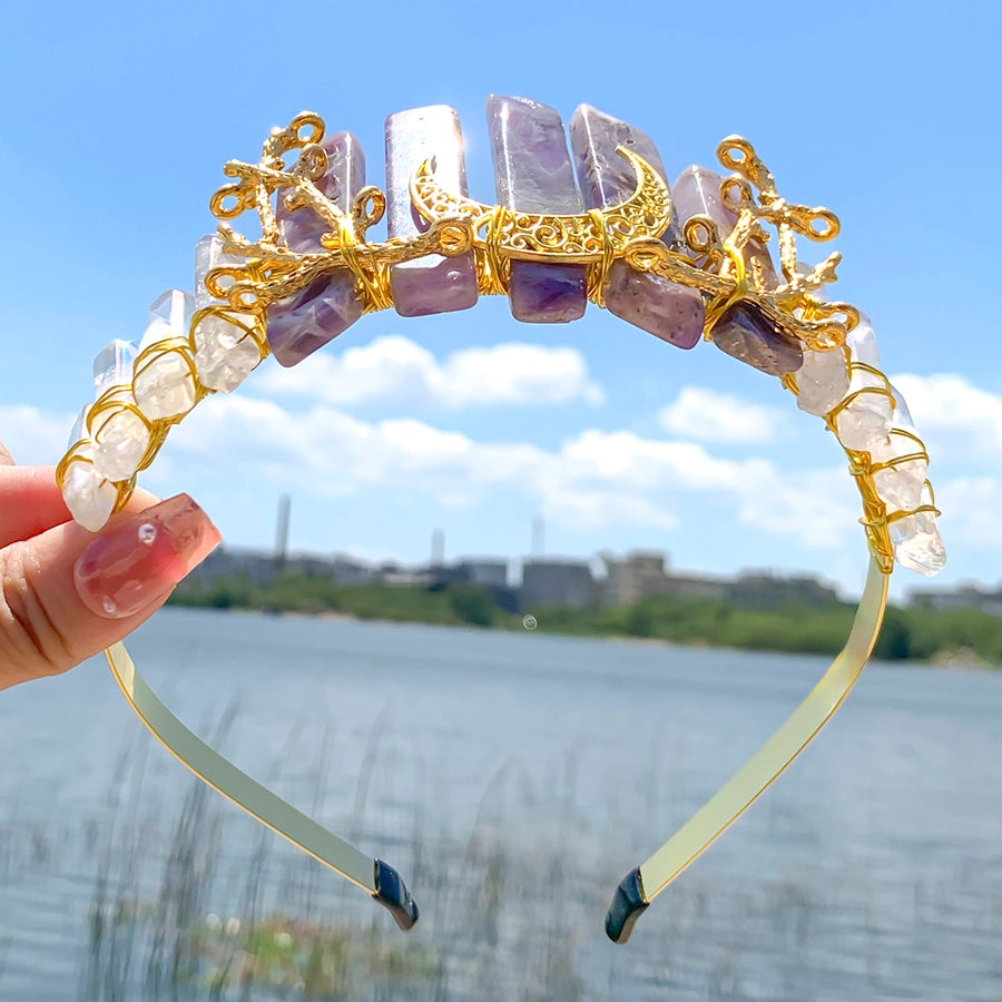 Women's Luxurious Queen Bridal Moon Alloy Knitting Natural Stone Hair Band