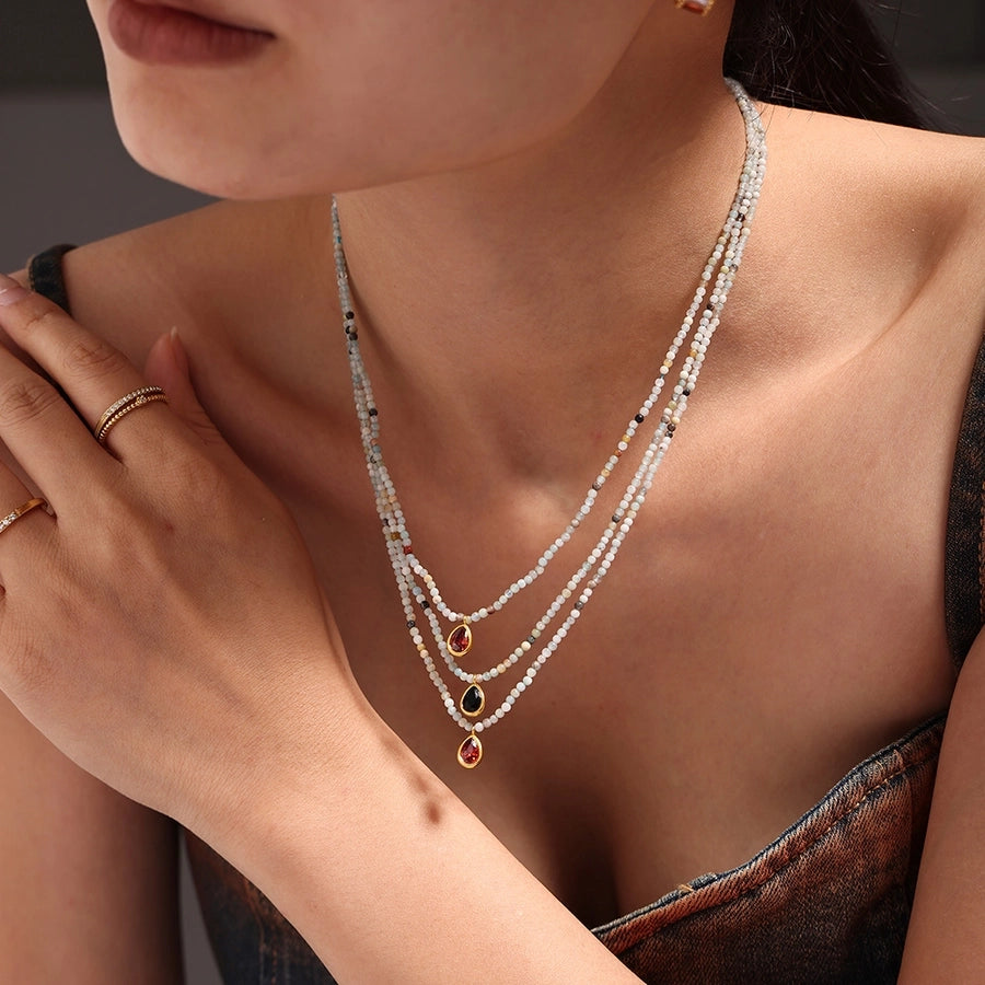 Elegant Vacation Water Droplets 304 Stainless Steel natural stone Zircon Beaded Chain Pendant Necklace In Bulk