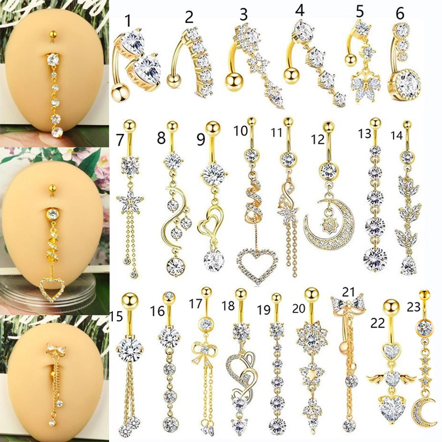 1 Piece Belly Rings Simple Style Shiny Round Heart Shape Bow Knot 316L Stainless Steel  Inlay Zircon