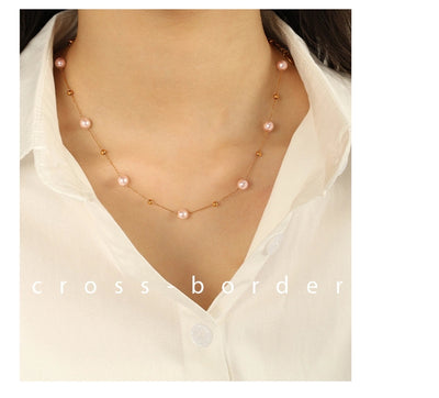 Jewelry IG Style Elegant French Style Round 304 Stainless Steel Artificial Pearls 18K Gold Plated Beaded Polishing Necklace