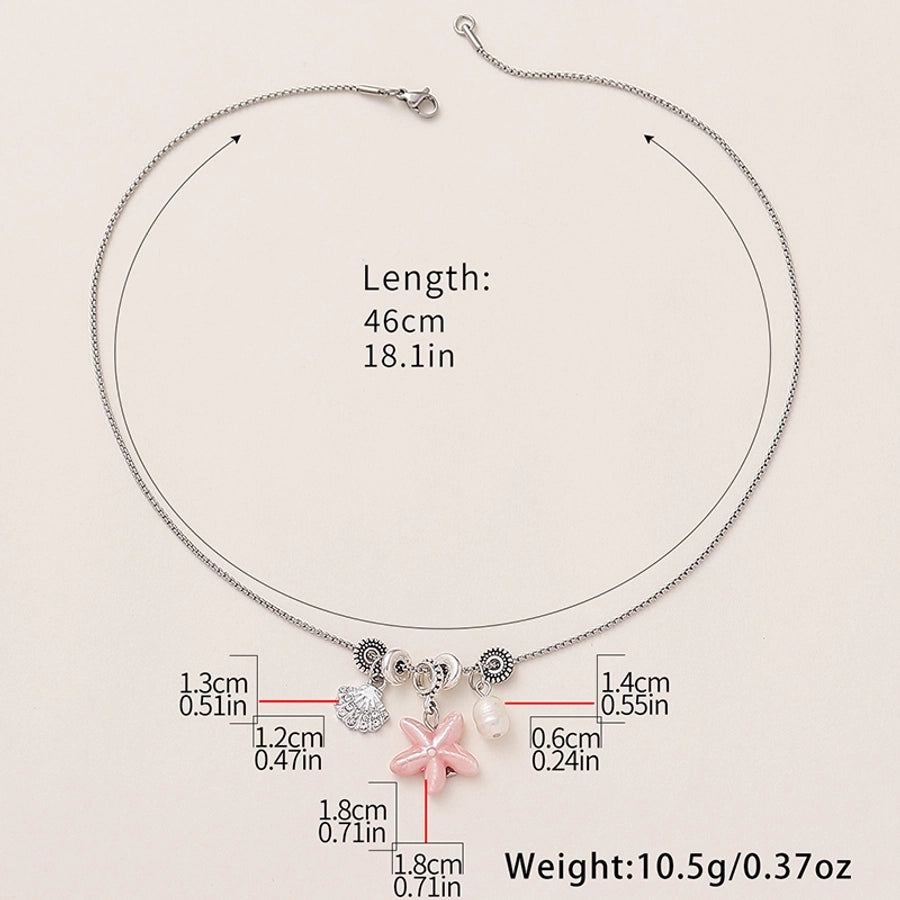 Hawaiian Vacation Starfish Shell Rhinestones Artificial Pearl Titanium Steel ceramics