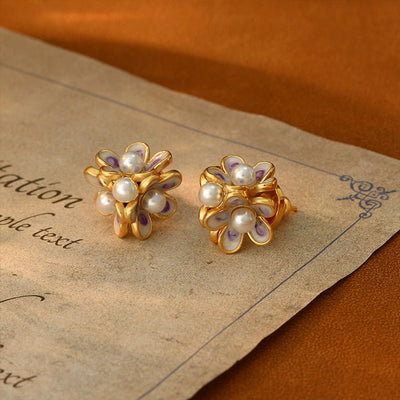 1 Pair Glam Luxurious French Style Flower Inlay Copper Freshwater Pearl Zircon 18K Gold Plated Ear Studs