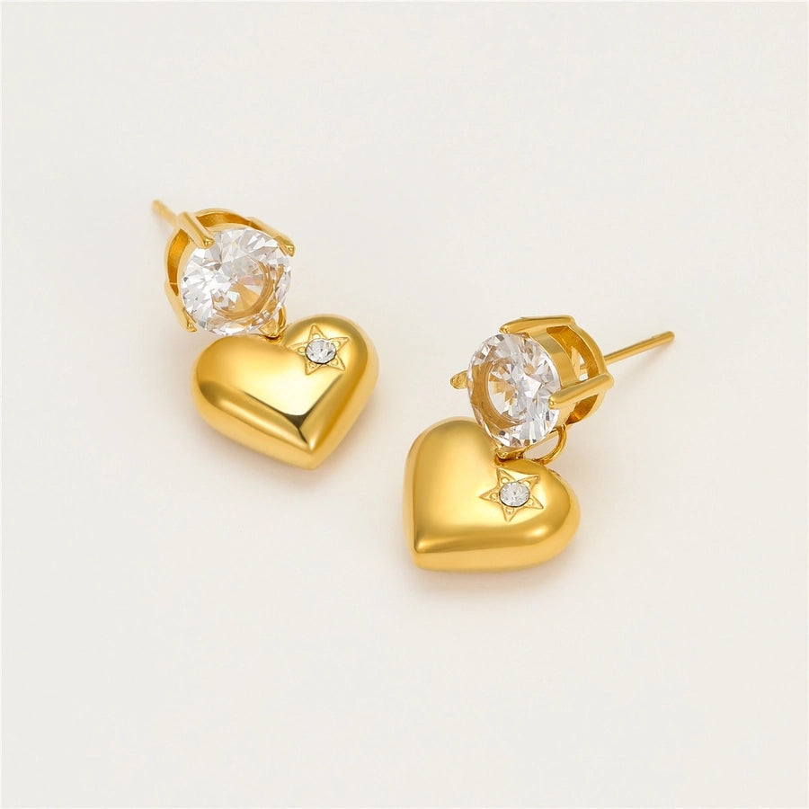 1 Pair Retro Sweet Round Heart Shape Inlay 304 Stainless Steel Zircon 18K Gold Plated Drop Earrings