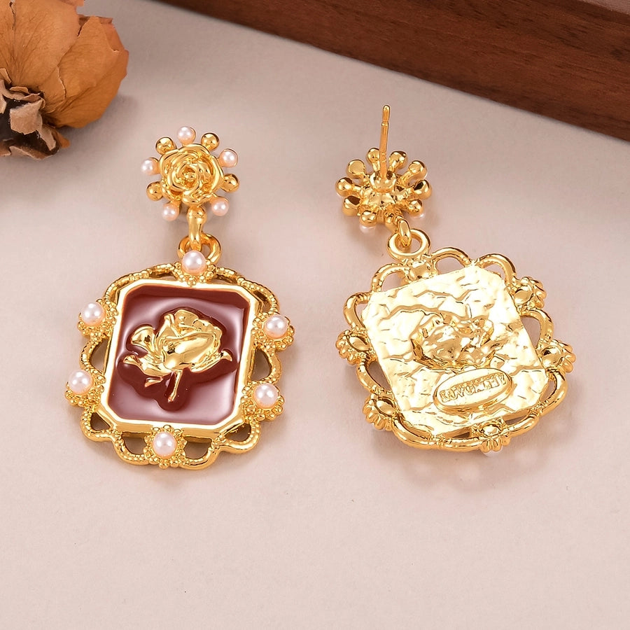 1 Pair Retro Simple Style Rose Inlay Alloy Artificial Pearls Gold Plated Drop Earrings