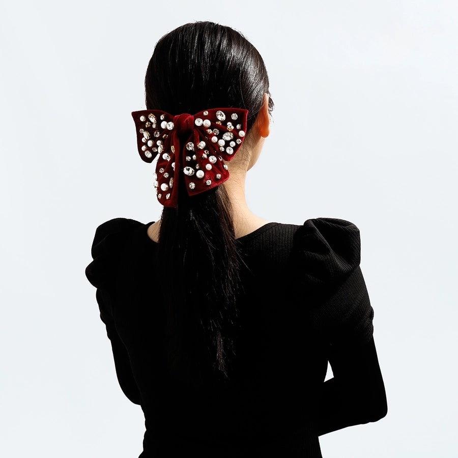 fashion bow knot alloy corduroy inlay artificial pearls rhinestones hair clip 1 piece