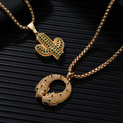 Hip-Hop Streetwear Cactus Tiger 304 Stainless Steel Copper Inlay Zircon K Gold Plated Unisex Pendant Necklace