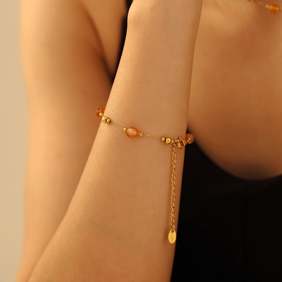 Europe and America  Fashion Natural Stone Golden Balls Beaded Necklace Temperamental Bracelet Stainless Steel Handmade Chain Jewelry Suit