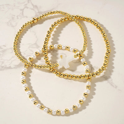 Hot Selling New Shell Cross Copper Bead Imitation Pearl Golden Balls Beads Bracelet Bracelet Three-Piece Set  Foshan