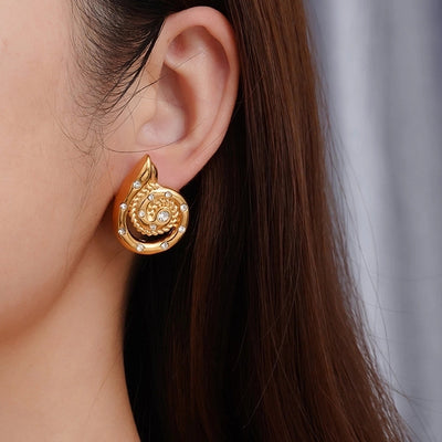 1 Pair Retro Marine Style Conch Inlay 304 Stainless Steel Zircon Ear Studs