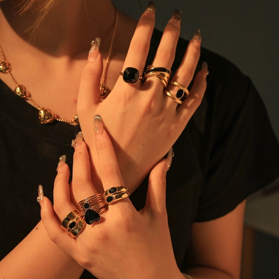 Jewelry Casual Modern Style Roman Style Geometric Heart Shape 304 Stainless Steel Zircon 14K Gold Plated Enamel Plating Inlay Rings