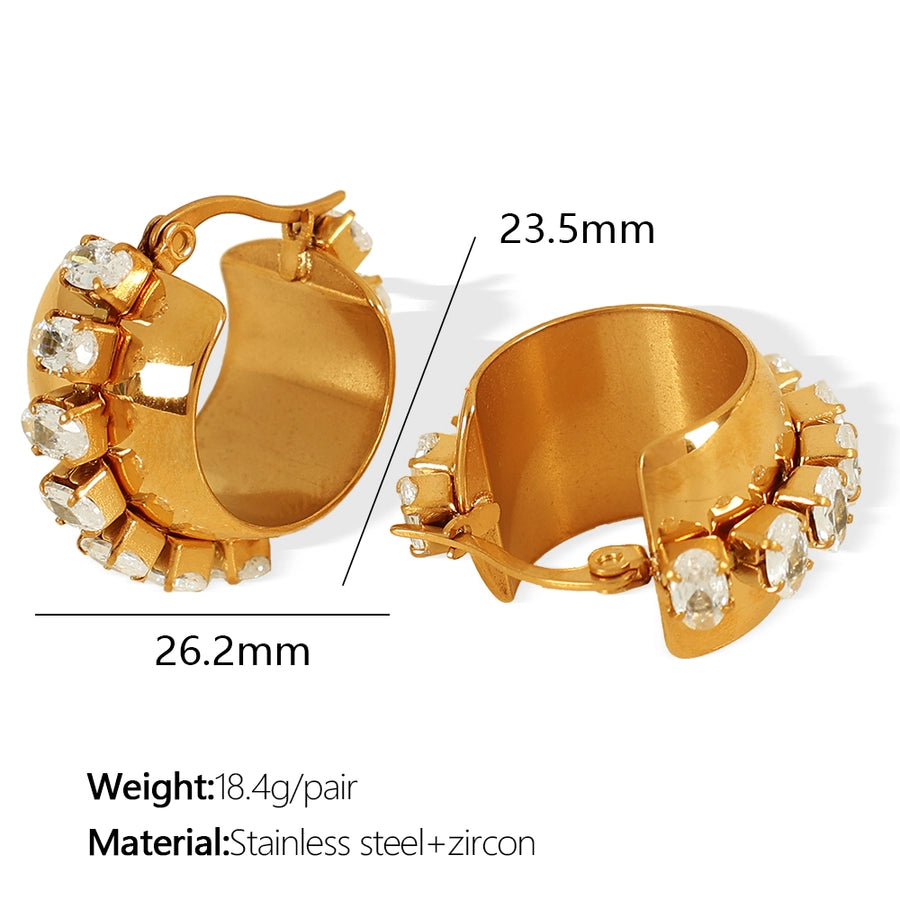 1 Pair Elegant Retro French Style C Shape Semicircle Polishing Plating Inlay 304 Stainless Steel Zircon 18K Gold Plated Earrings
