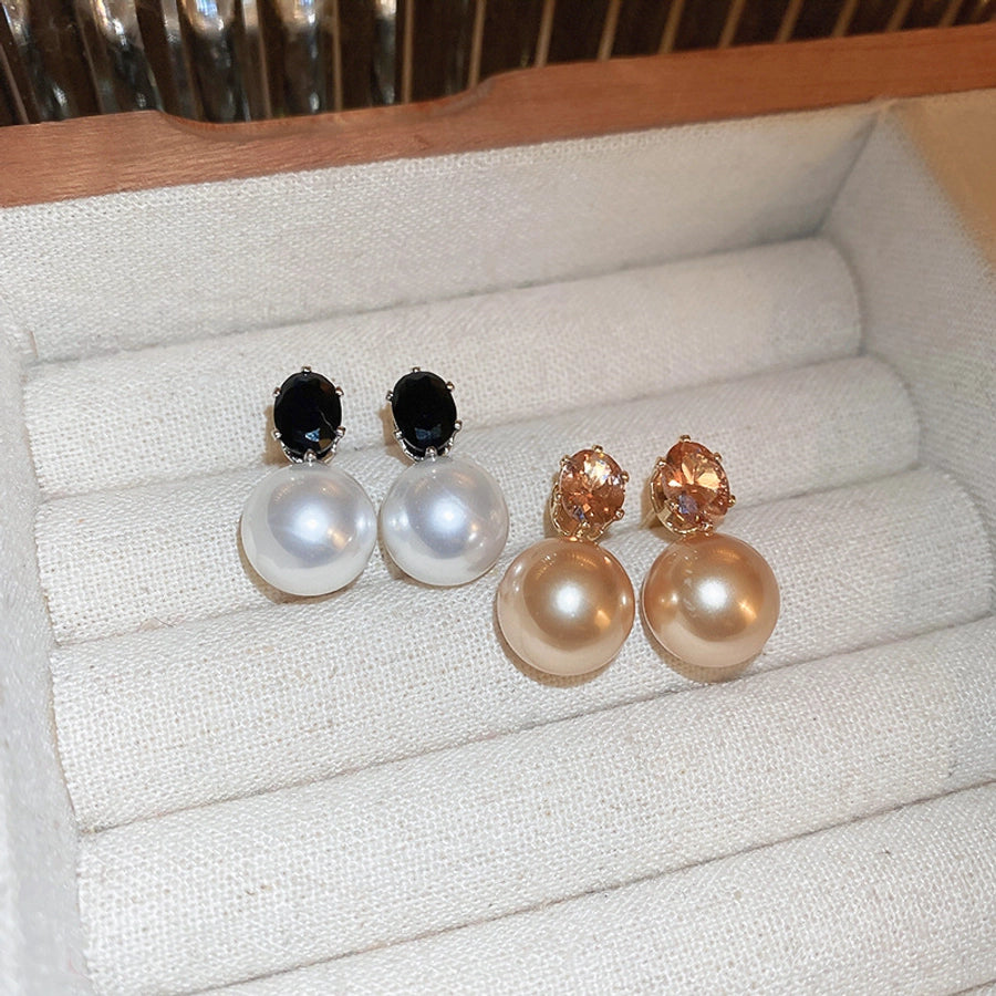 1 Pair Casual Simple Style Streetwear Geometric Inlay Copper Imitation Pearl Zircon Drop Earrings