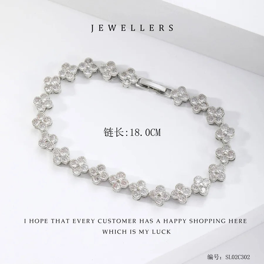 Wholesale Jewelry Elegant Classic Style Leaf Four Leaf Clover Copper Zircon Plating Bracelets Tennis Chain