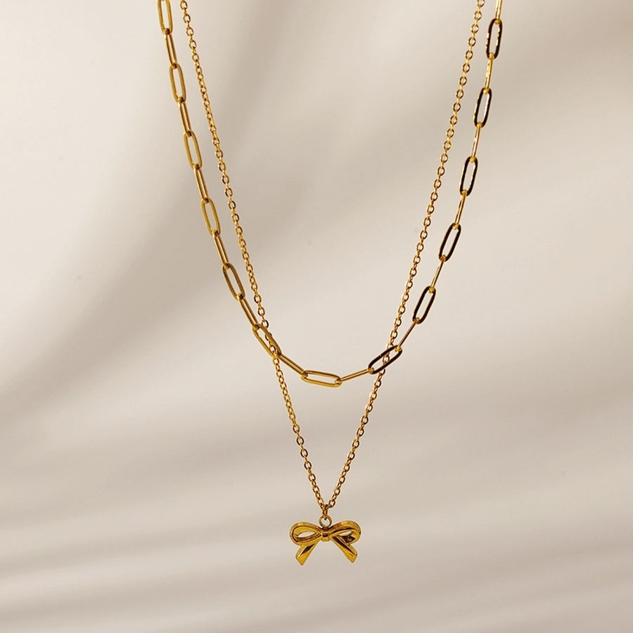 Jewelry IG Style Sweet Bow Knot 304 Stainless Steel Zircon Hollow Out Inlay Double Layer Necklaces