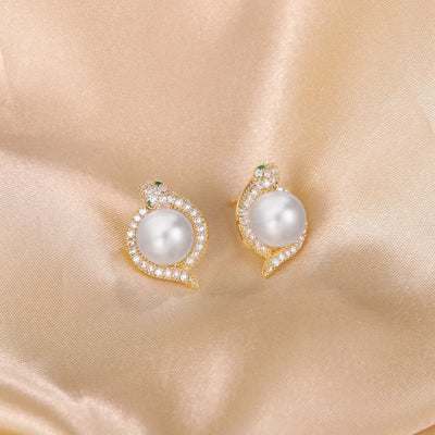 1 Pair Elegant Luxurious Shiny Snake Inlay Copper Artificial Pearls Zircon 18K Gold Plated White Gold Plated Ear Studs